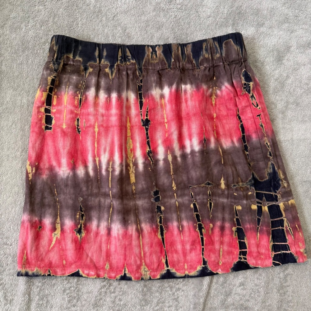 Boho Artisan Tie Dye‎ Mini Skirt Earthy Abstract Batik Print Resort Festival L
